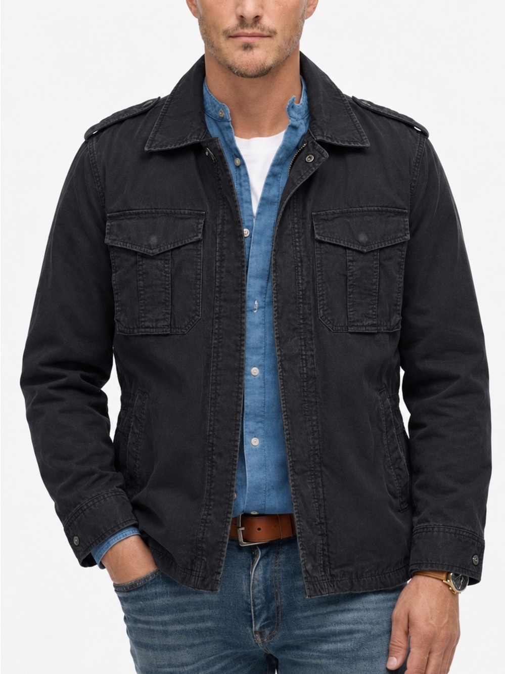 Banana Republic Mens Black Cargo Pocket Field Jacket Size XL Cotton Zip Shacket